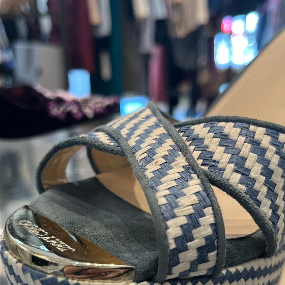 Jimmy Choo Navy and White Woven Wedges Size 39 - Picture 7 of 9